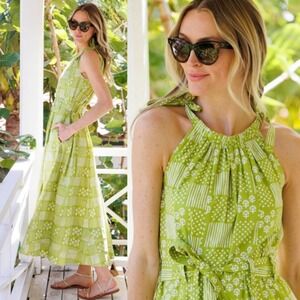 Julia Amory Green Cryder Dress Tie Shoulder Size Large Patchwork Chartreuse Boho